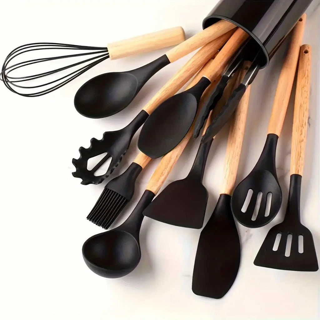 12 Pieces Silicone Kitchen Utensil Set with Storage Holder, Non-Stick Heat Resistant Cooking Utensils with Wooden Handles, BPA Free Dishwasher Safe Kitchen Gadgets for Home Cooking Baking