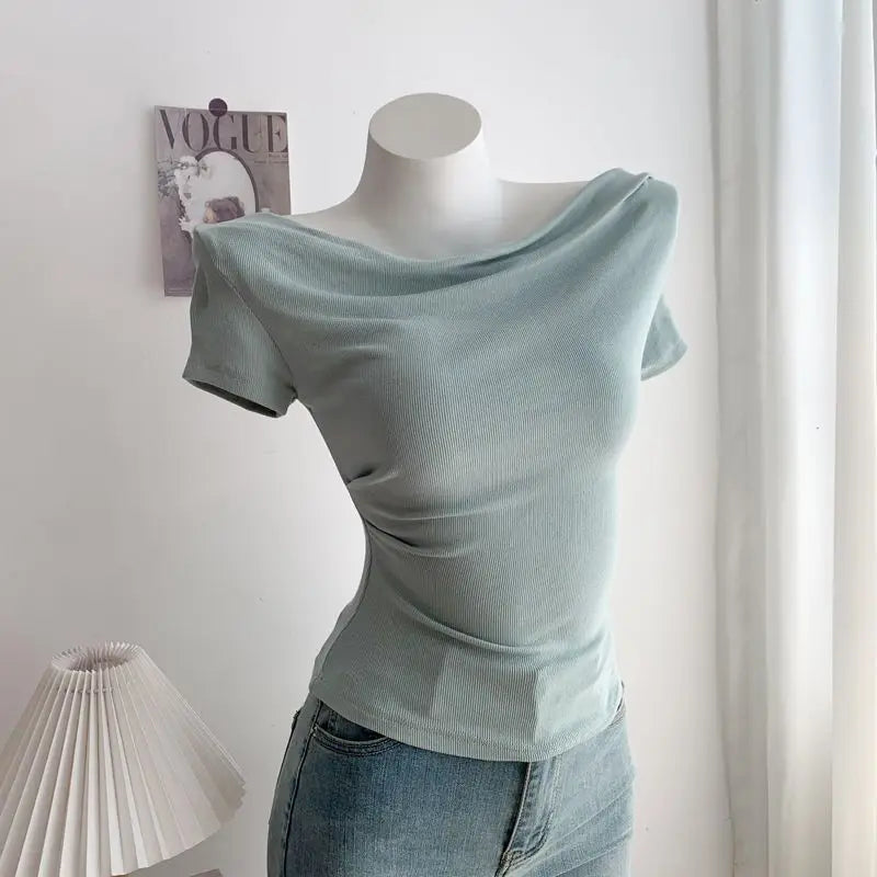 Summer Short Sleeve T-Shirt Shoulder Bared Open Neck Irregular Pleated Korean Style Slim Fit Pure Color Modal Fabric Ladies Top