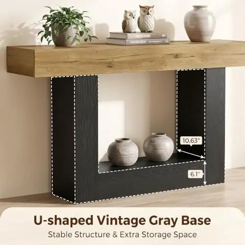 63" Console Table, 2-Tier Entryway/Sofa Table, U-Shaped Base, Brown | Storage Shelf for Baskets & Books; Scratch &