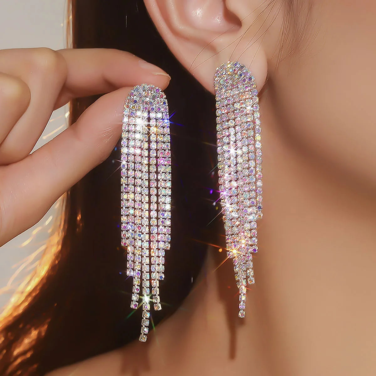 Treazy Shiny 4 Lines Rhinestone Crystal Tassel Long Earrings For Women'S Wedding Hanging Dangle Earrings Bridal Brincos