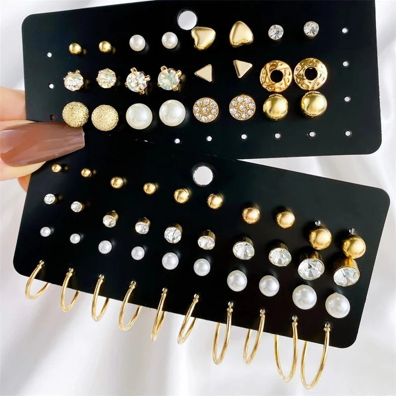 Trendy Vintage Gold Color Earrings Set Pearl Stud Earrings For Women'S Korean Geometric Crystal Small Earrings 2024 Brincosjewelry