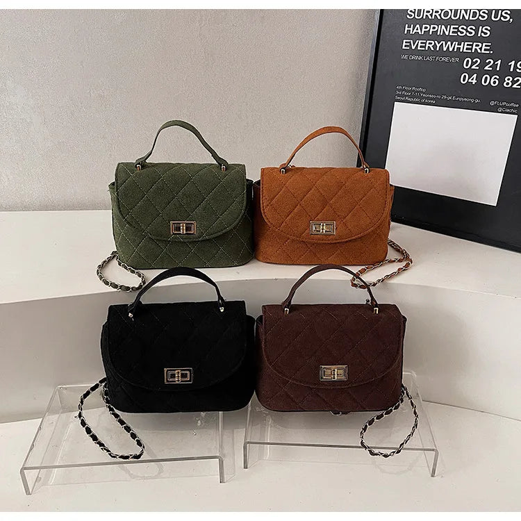 Diamond Grid Chain Crossbody Bag One Shoulder Purse Trendy Flip Top Clutch Women's Fashion Suede Leather Casual Shoulder Bag