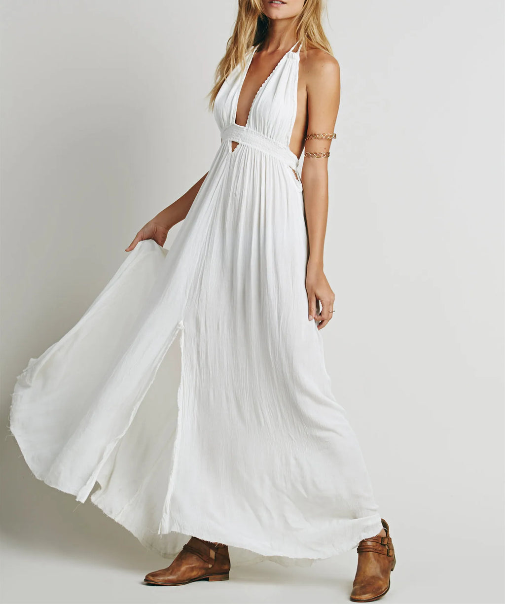 Canwedance Beach Sundress V Neck Backless Sexy Holiday Dress Cotton Maxi Dresses Boho Vestidos Vacation Strapless Dress