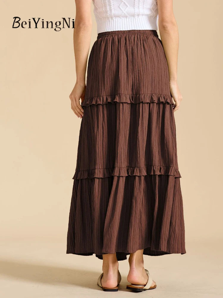 Beiyingni 2025 New In Women's Skirt Pure Color Leisure Fashionable Lace-up A-line Long Maxi Skirts Female Simple Slim Faldas