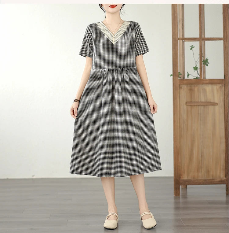 Retro Fashion Casual Plaid Dress Women Summer New V-neck Lace Splicing Loose Slimming Skirt over Knee Cotton Polyester Blend