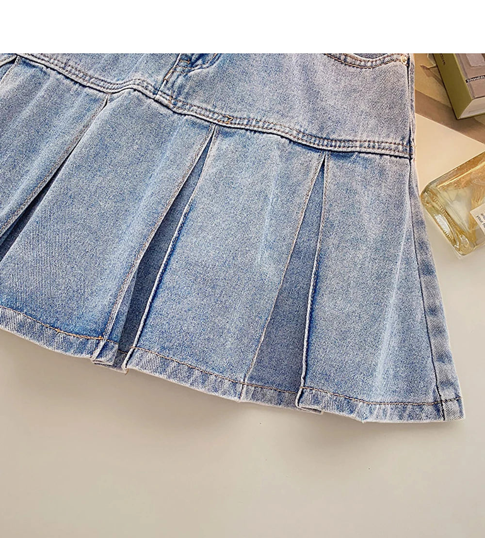 Women Pleated Denim Mini Skirt Summer High Waist Double Button Slim A-Line Skirts with Safety Shorts Y2K Style Party Wear Skirt