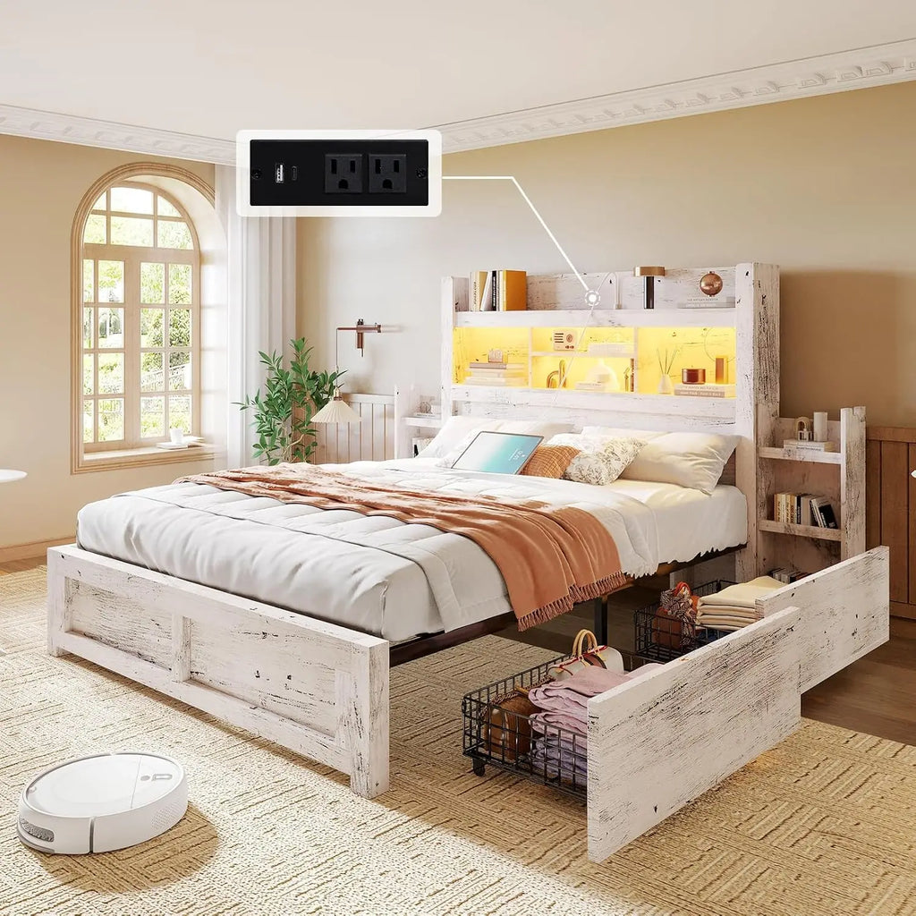 White Queen Storage Bed Bookcase Headboard Charging Station 4 Drawers Wood Platform No Box Spring, Customized