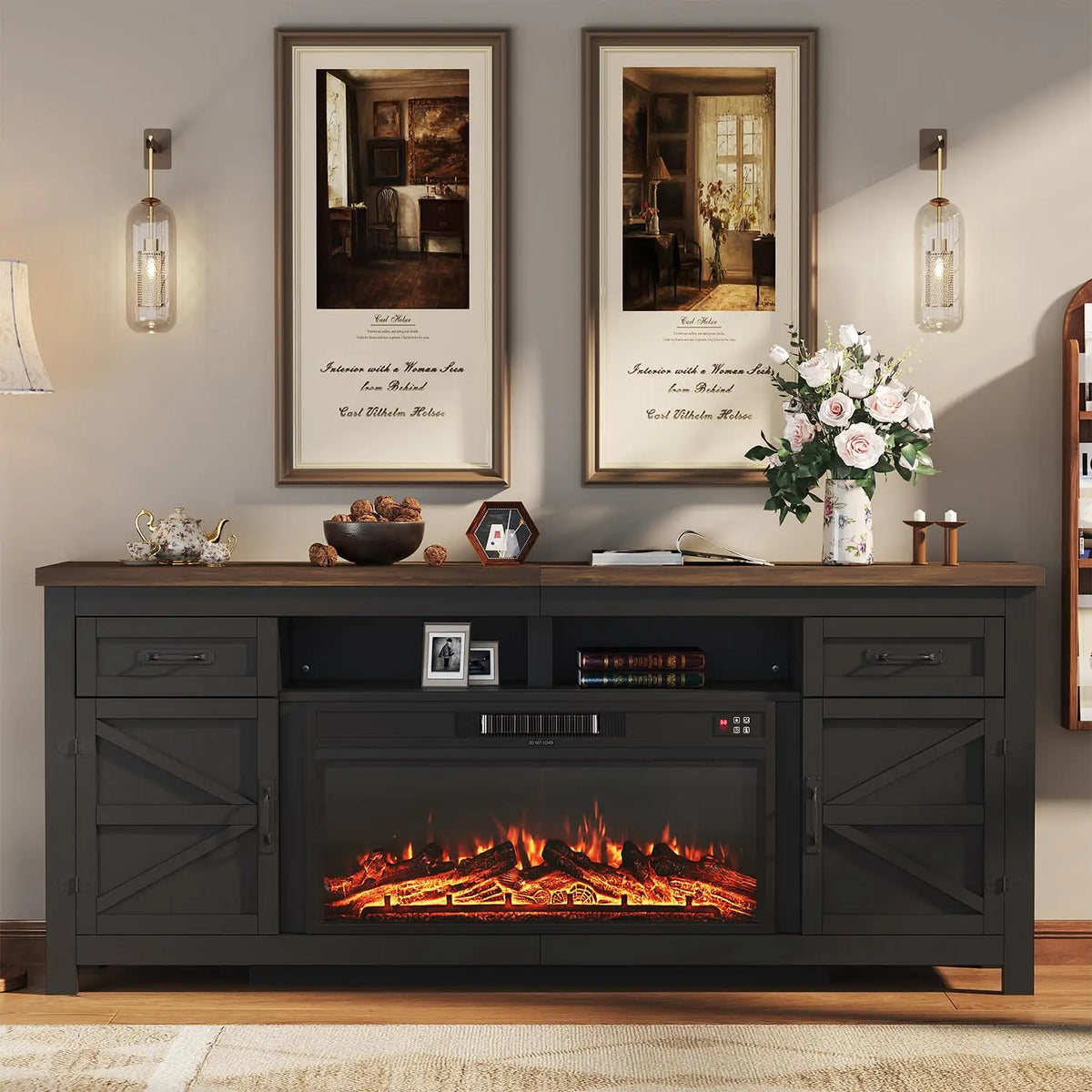 80" Black TV Stand With Sliding Barn Door & Fireplace Insert, Modern Living Room Media Console, Customized