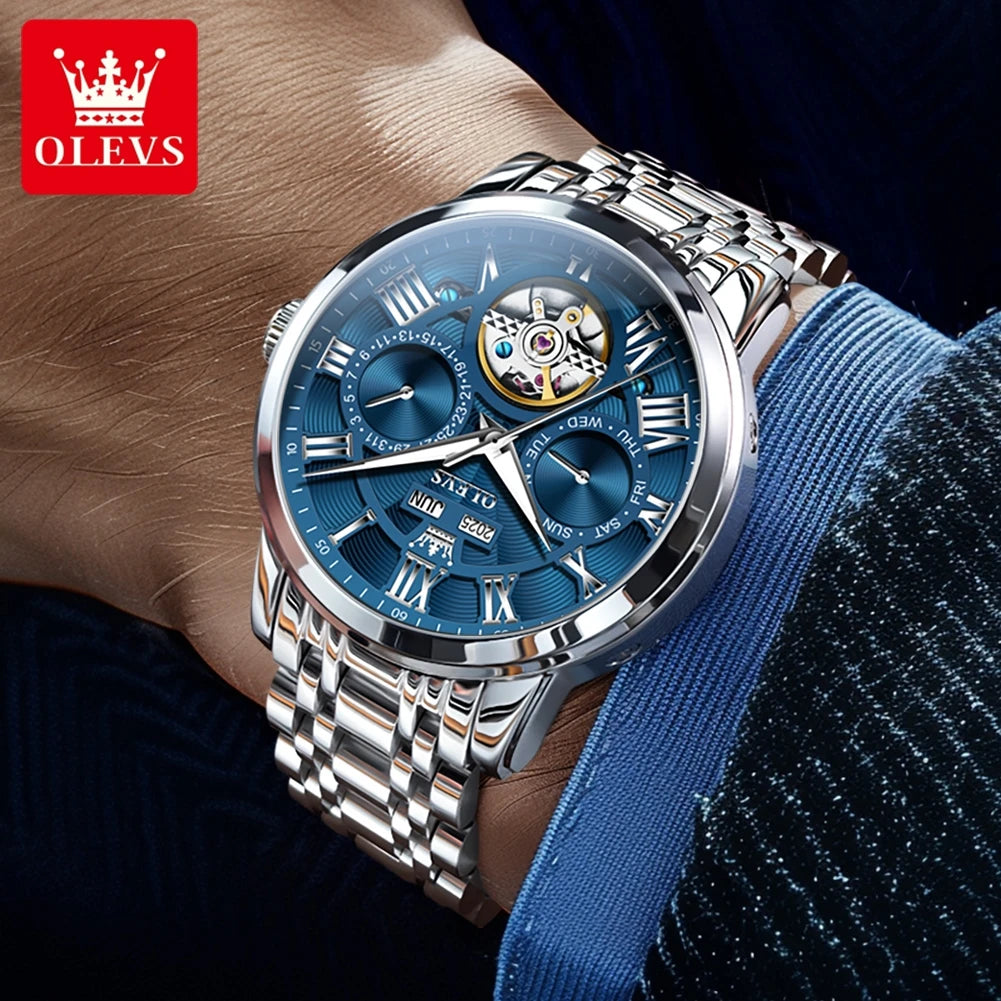 OLEVS 6668 Original Men's Watch Multifunctional Skeleton Waterproof Stainless steel Strap Business Automatic Mechanical Watches