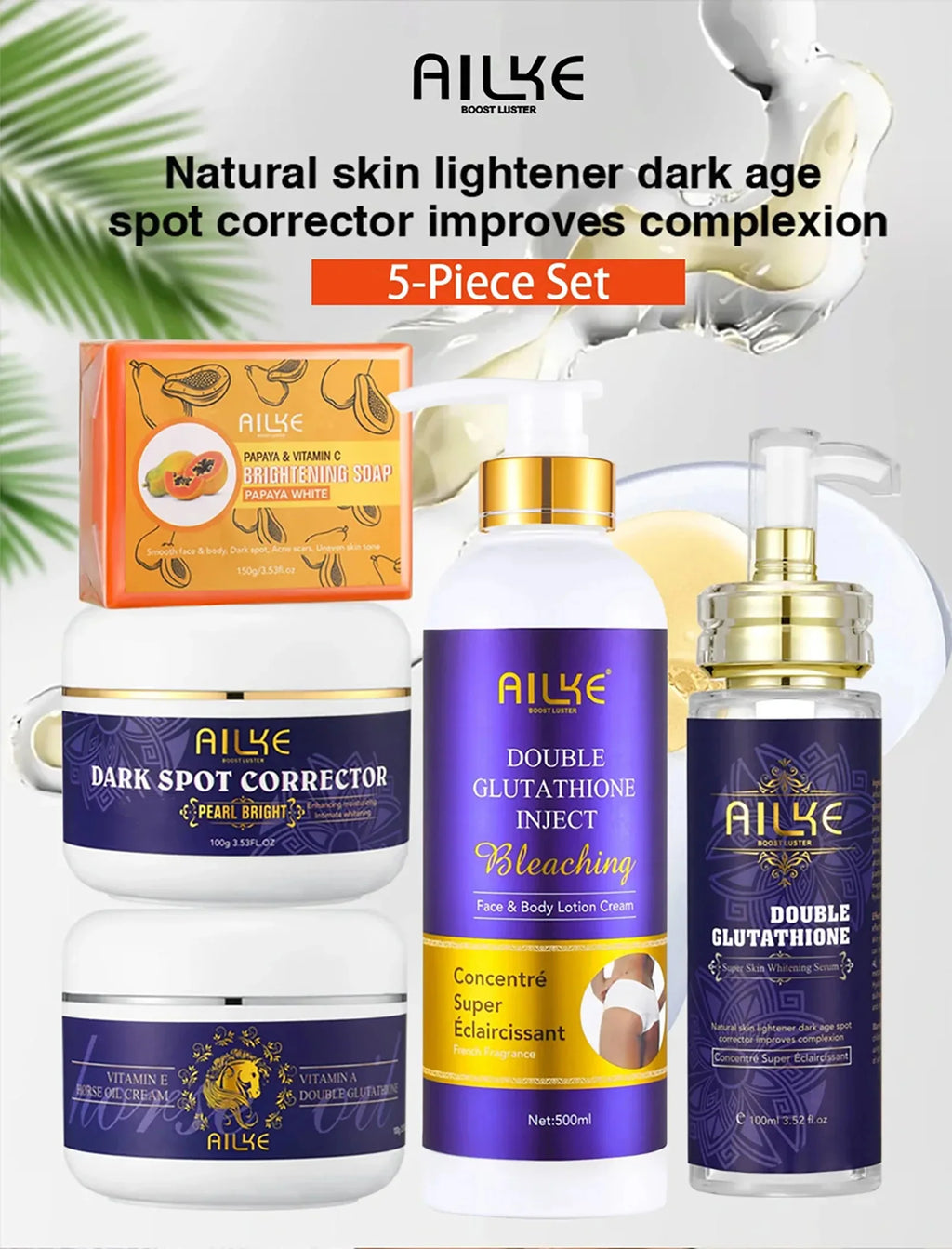 AILKE 5-in-1 Glutathione Skin Whitening Care Set for Face and Body