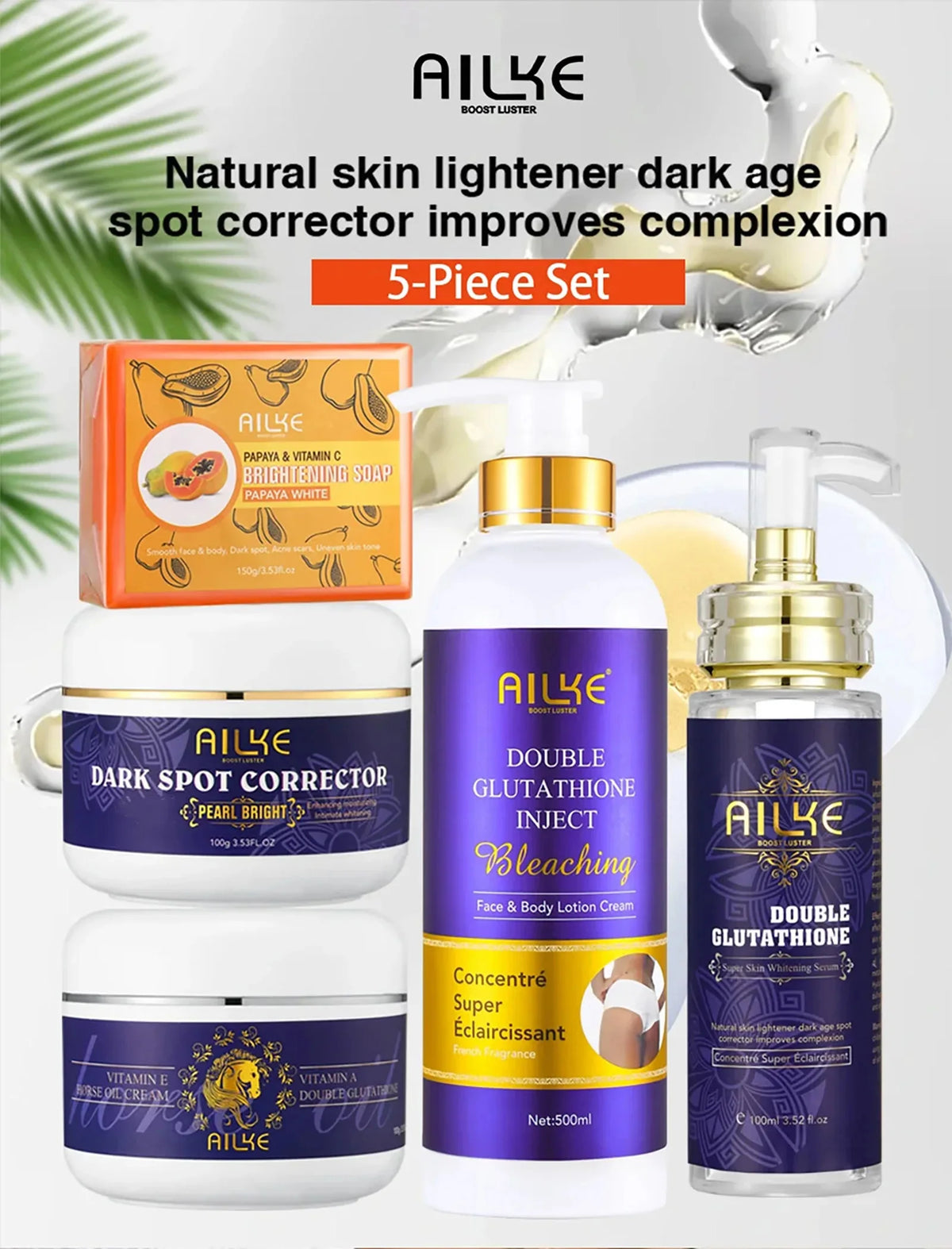 AILKE 5-in-1 Glutathione Skin Whitening Care Set for Face and Body