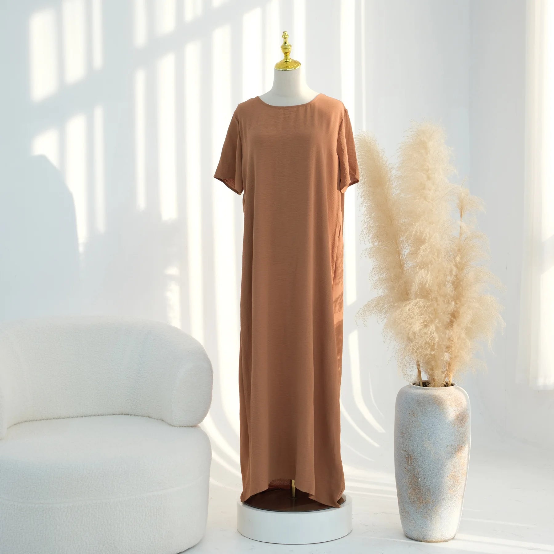 Modest Short Sleeve Women Inner Dress Basic Abaya Muslim Eid Ramadan Round Neck Maxi Loose Casual Long Versatile Fashion Kimono