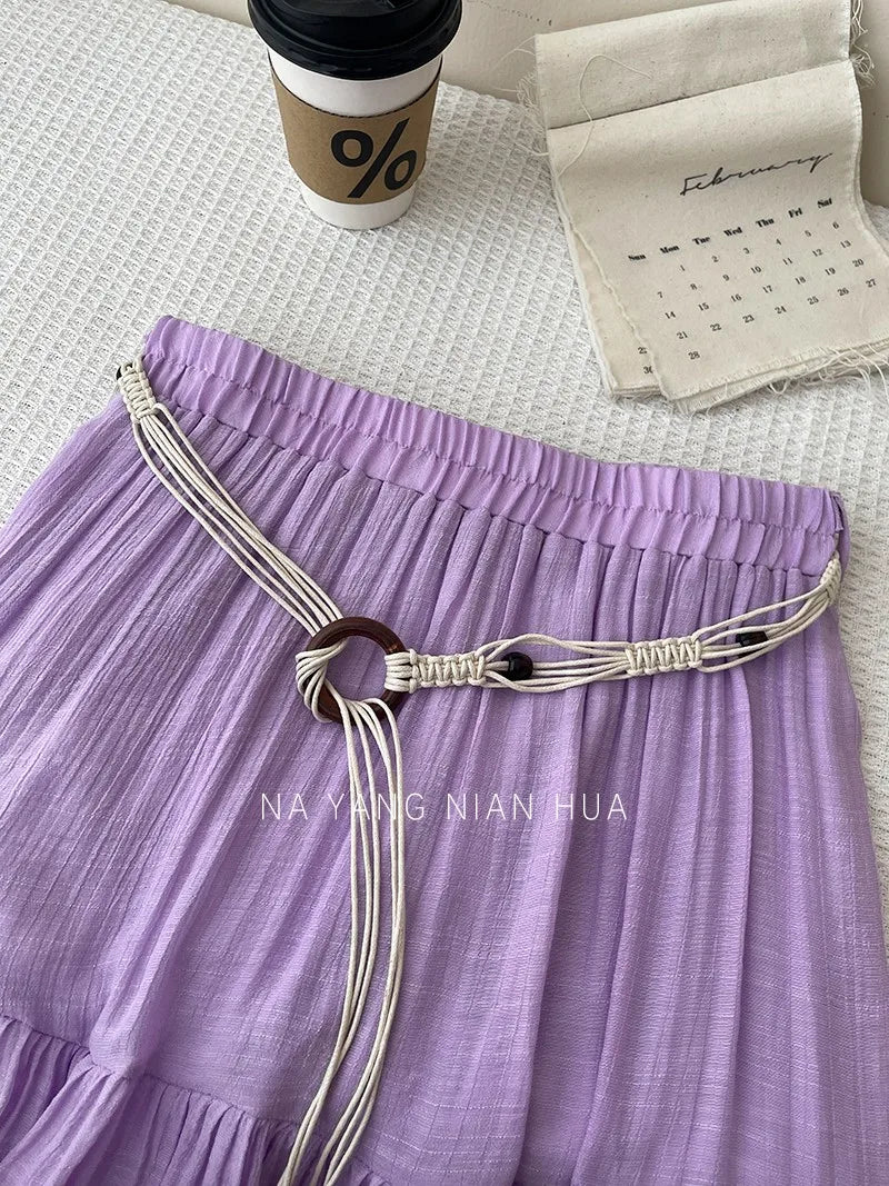 Beiyingni 2025 Summer French Women's Linen Cotton Maxi Skirts Casual Vintage Sashes Korean Long Cake Skirt Female Boho Vacation