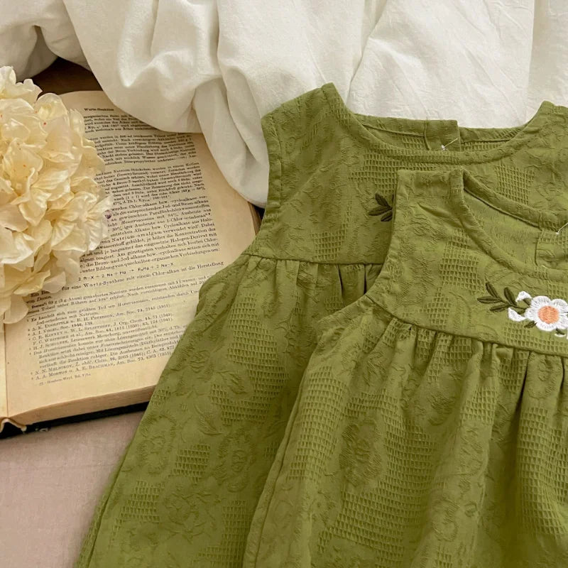 Girls Birthday Party Sisters Outfits Summer Green Apricot Floral Embroidery Sleeveless Bodysuit Vest Dress Baby Clothes H037