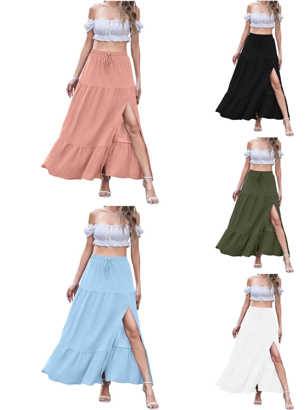 Women's Boho Summer Elegant High Waist Side Slit A Line Skirt with Drawstring Elastic Waist Solid Color Casual Maxi Dress