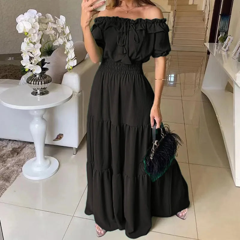 2026 Elegant Women's Off Shoulder Ruffle Sleeve Dress Fashion Solid Color Elastic Waist Tiered Maxi Dresses