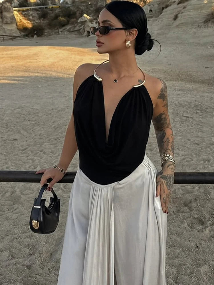Weird Puss Metal Snake Halter Camisole Women Swing Collar Elegant Backless Summer Trend Beach Vacation Party Clubwear Tank Tops