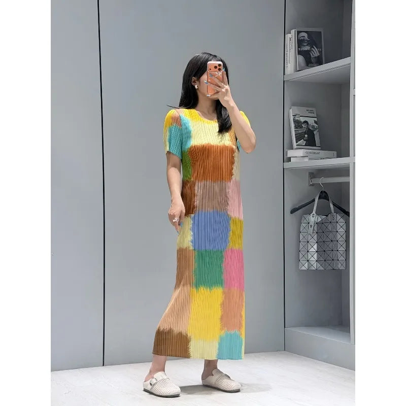 Miyake Pleated Dresses 2026 Summer New Fashion Printed Round Neck Short Sleeve Elegant Women's Draped Elastic Wrinkle-Free Dress