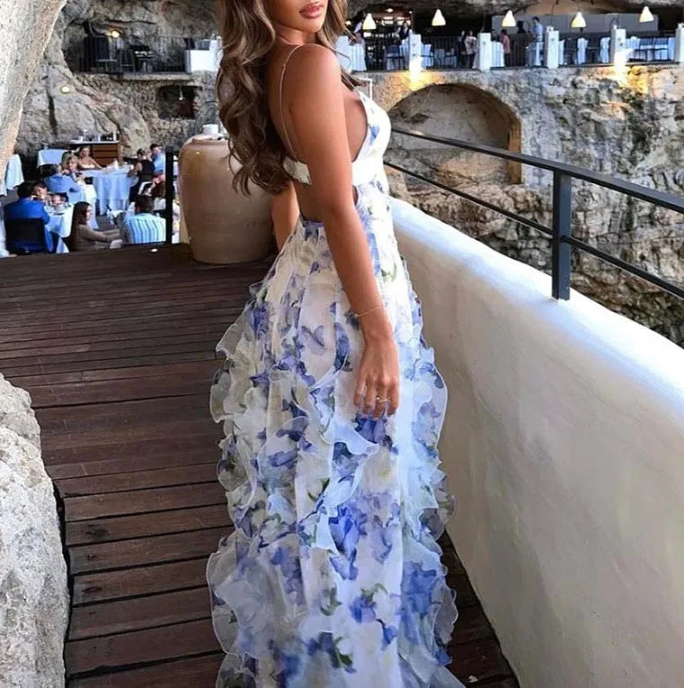 Elegant Boho Women's Summer Party Long Dress Sexy Floral Print Spaghetti Straps Backless Sleeveless Beach Sundress Maxi Dresses