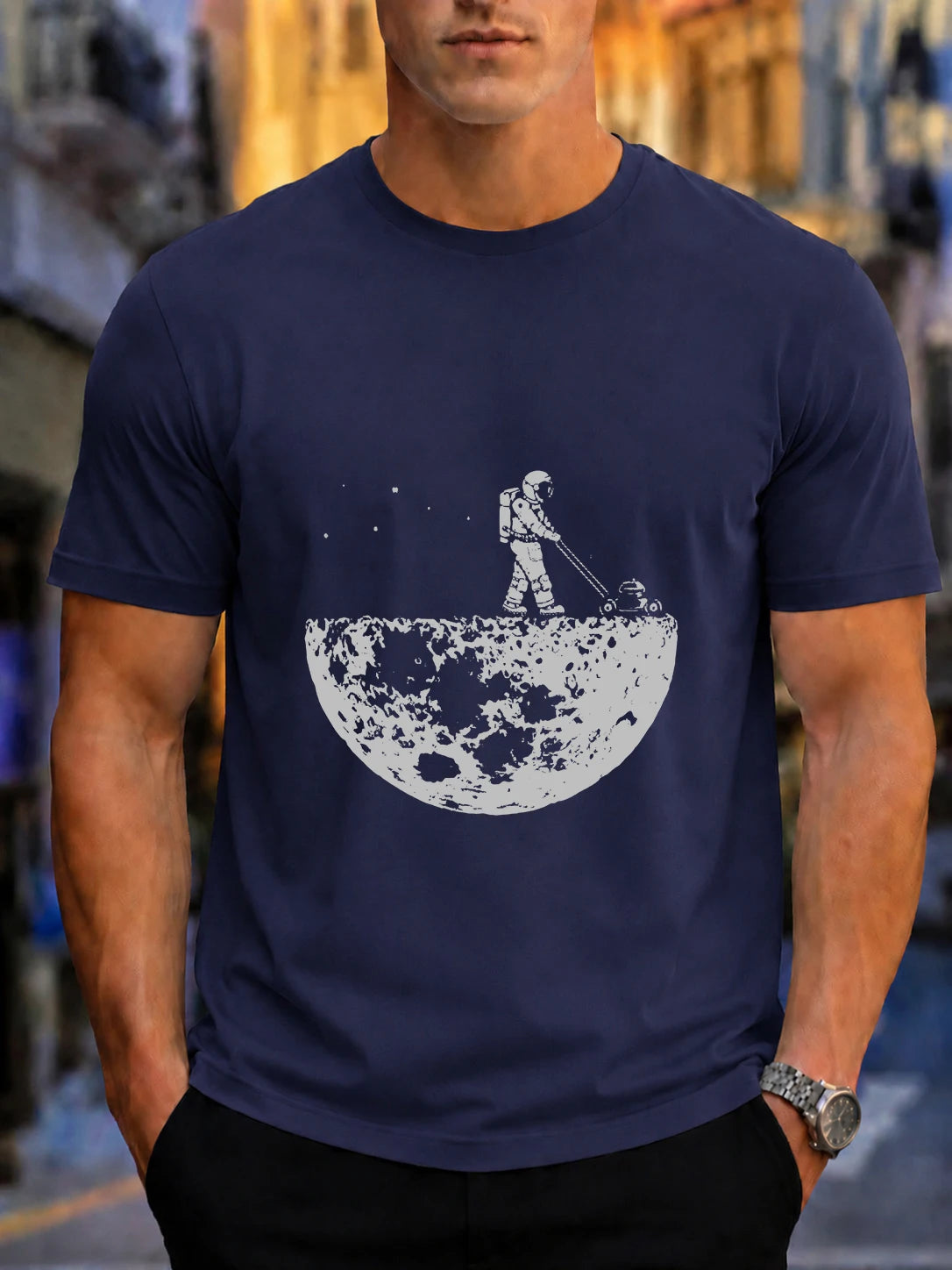 Men's Astronaut Mowing on the Moon Print Cotton T-Shirt - Casual