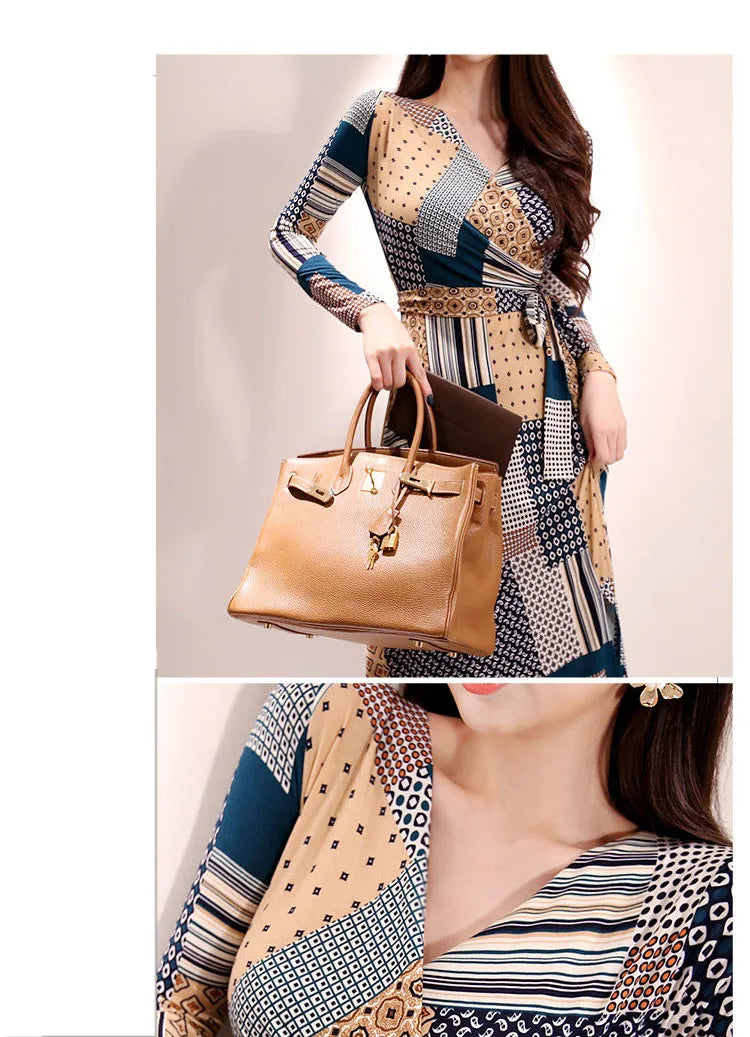 Vintage Print V-neck Lace-Up Maxi Dress | Korean Slim Long Sleeve.