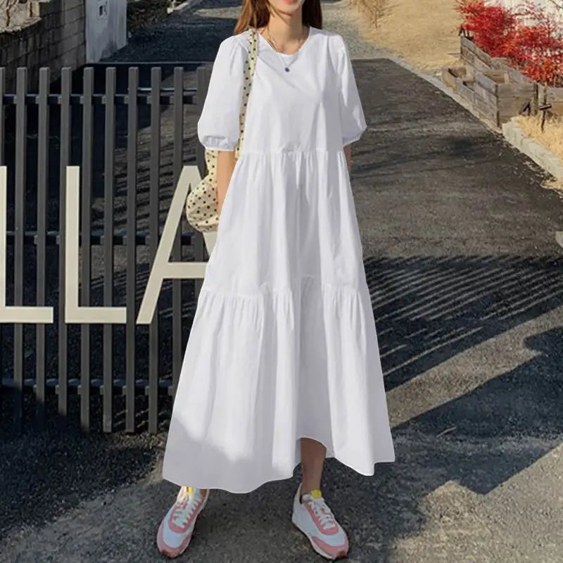 2026 Fashion Puff Short Sleeve Dress for Women Summer Solid Casual Sundress Comfort Cotton Maxi Dress Modest Robe Vestidos Femme