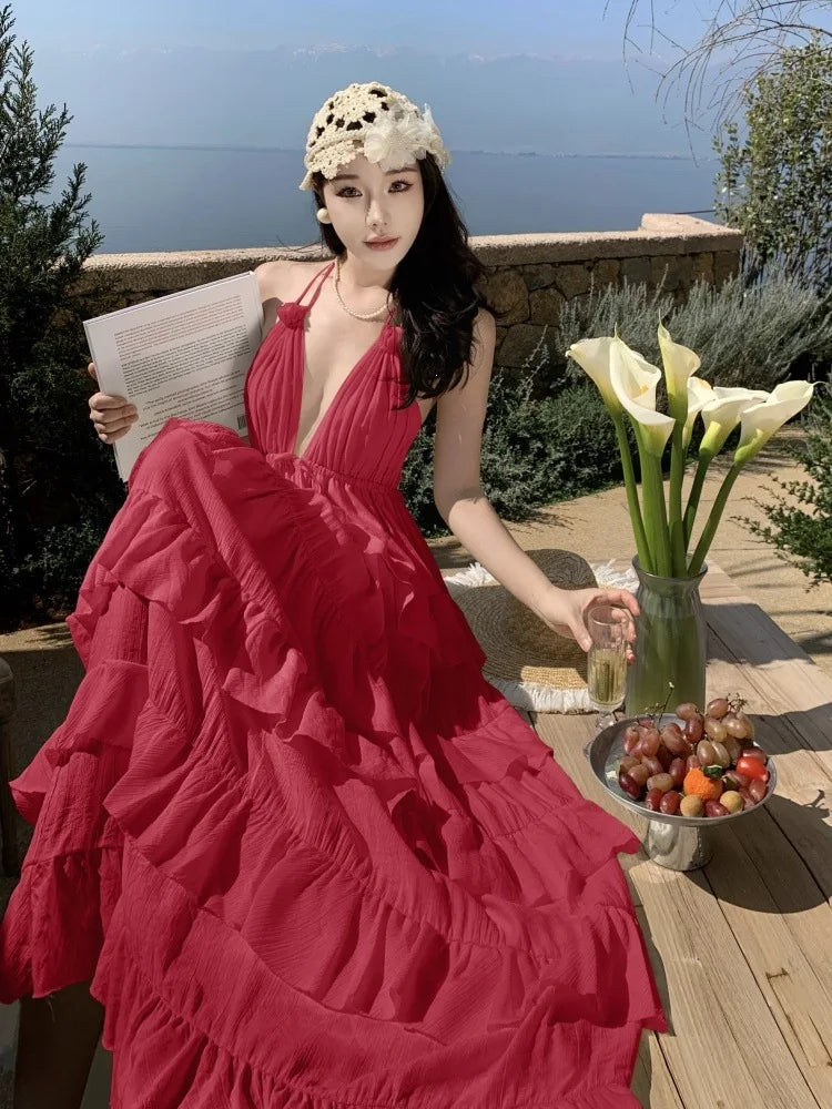 Beach Vacation Pure Desire Style Women's Long Fairy Skirt Off-Shoulder Gown V-Neck Sleeveless High Waist Midi Dress