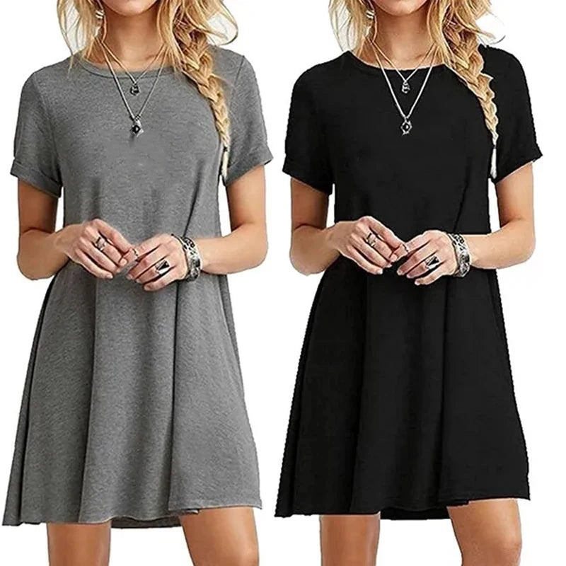 Fashion Retro Round Neck Short Sleeve Summer Beach Dress Ladies Elegant Dress Loose Ladies Dress