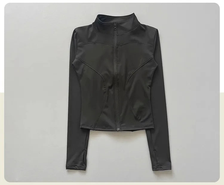 Women's Workout Jacket Stretch Fitted Zip Front Long Sleeve Running Yoga Slimming Waist-Cinching Stand Collar Quick-Dry Sportswe