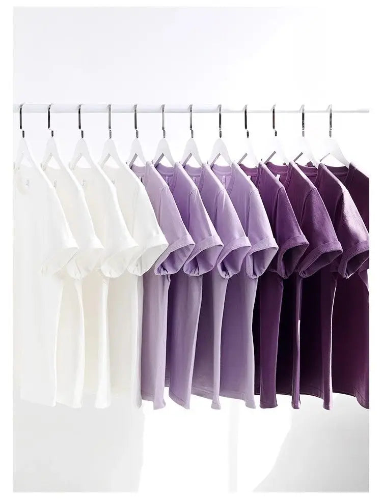 Men's and Women's T-shirts 300G Heavy Gray-purple Round Neck Short-sleeved T-shirts Women's Basic Pure Cotton Simple