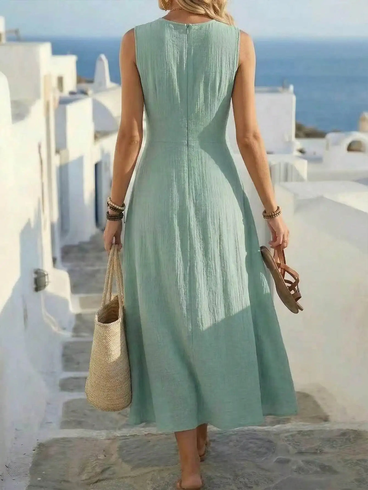 Women's Summer Fashion New Style Elegant Crossed Waistline Round Neck Sleeveless Solid Color Resort Style Maxi Dress