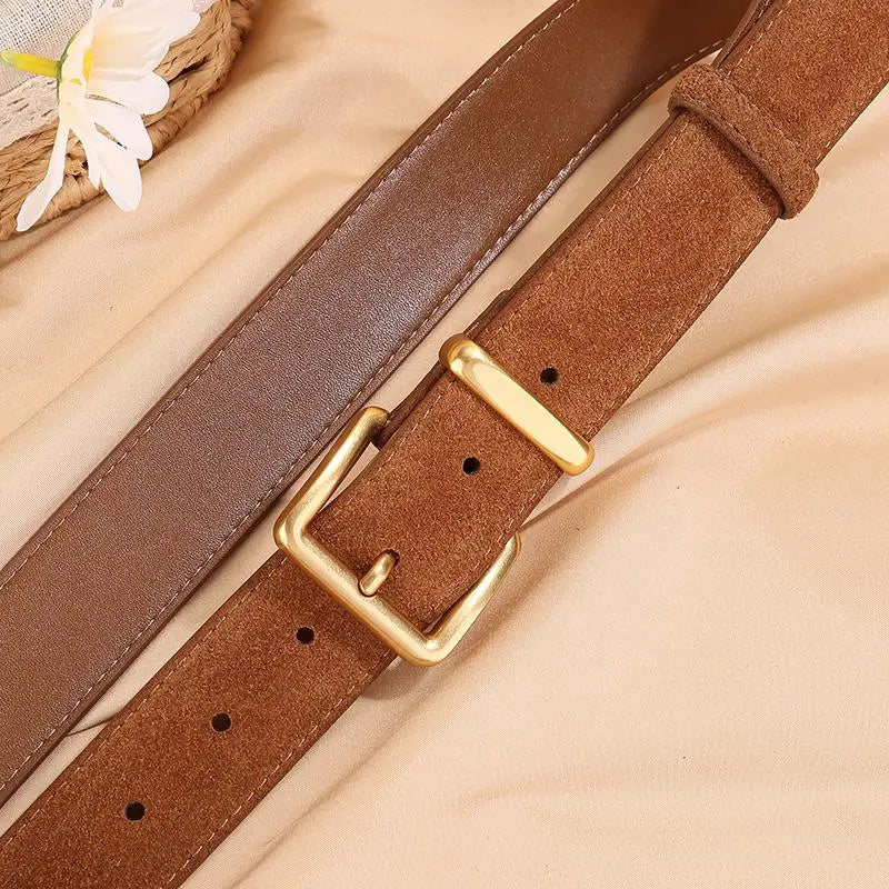 Luxury Suede Cowhide Leather Belt for Women, Vintage Style with Gold Buckle, 3.5cm Wide Waistband for Dresses & Jeans