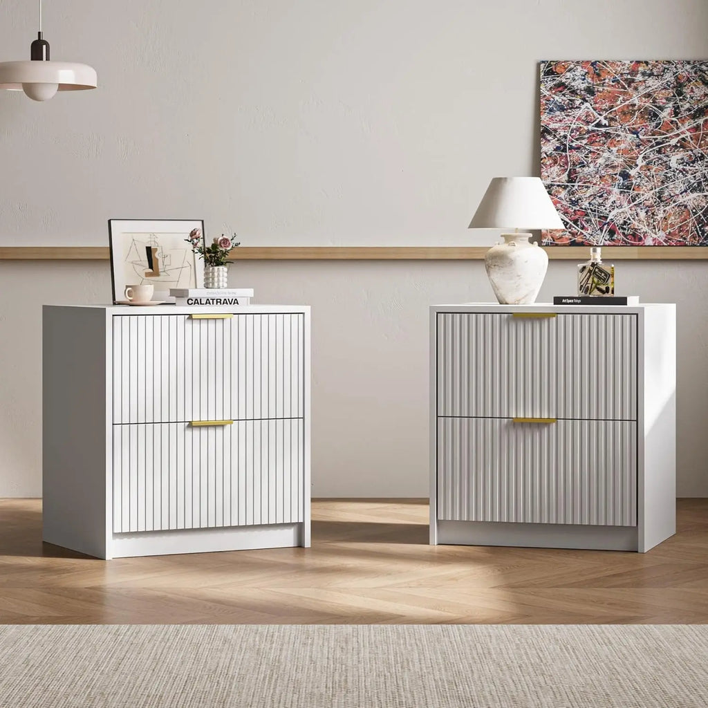 3-Piece Dresser Bedroom Set, 9 Drawer Dresser & 2 Drawer Nightstands with Gold Handles, Fluted Wood Chest of, Customized