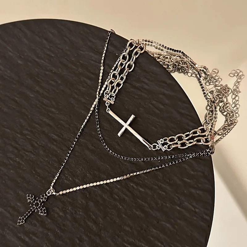 Gothic Cross Shape Multi-Layer Chain Necklace For Men Women Black Zirconia Stone Personalized Style Party And Daily Wear