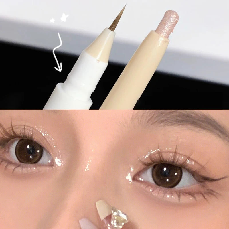 2 In 1 Liquid Eye Liner Shadow Pen Ultra Glitter Eyeliner Pencil Lasting Korean Eyes Makeup High Gloss Pigment Silkworm Gel Pen