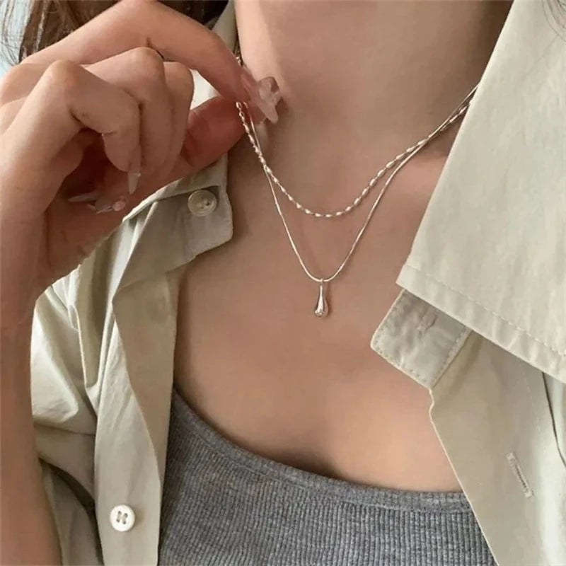 Water Drop Pendant Necklace for Women Double Collar Chain Fashion Fine Jewelry Gifts Long Layered Necklace Jewelry Accessories