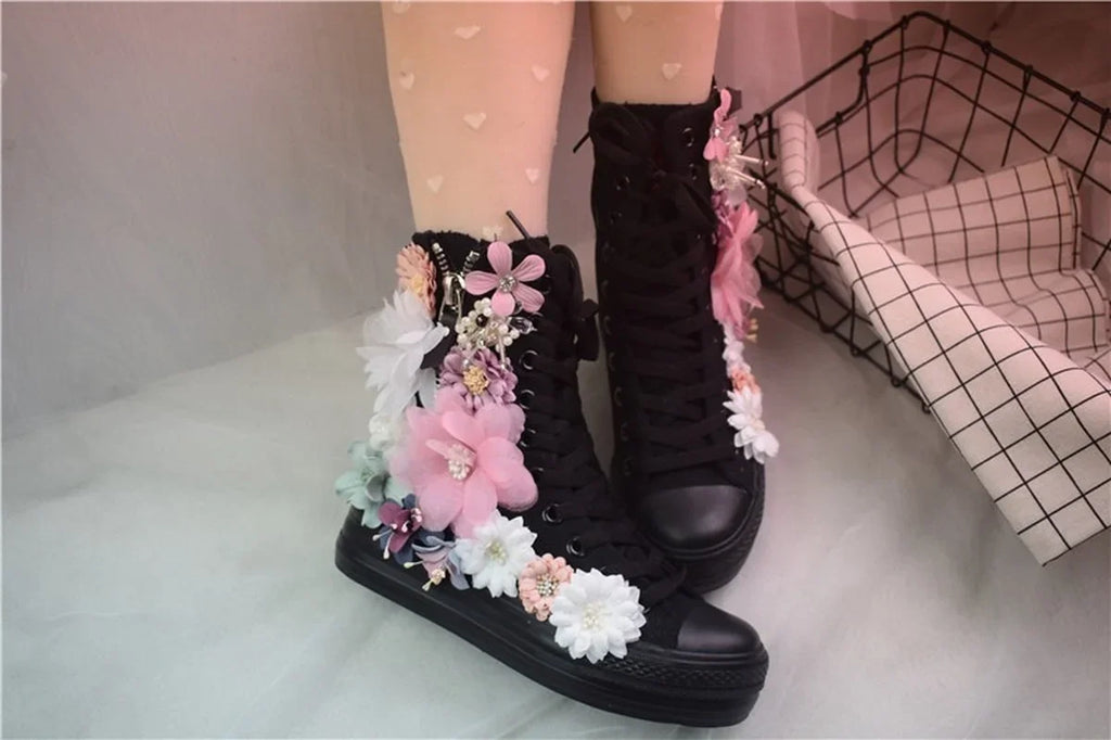 Sweet Flowers Women Canvas Shoes Flat Shoes High Top Manual 2026 New Side Zipper Rhinestone Flowers Ladies Canvas Shoes Pearl