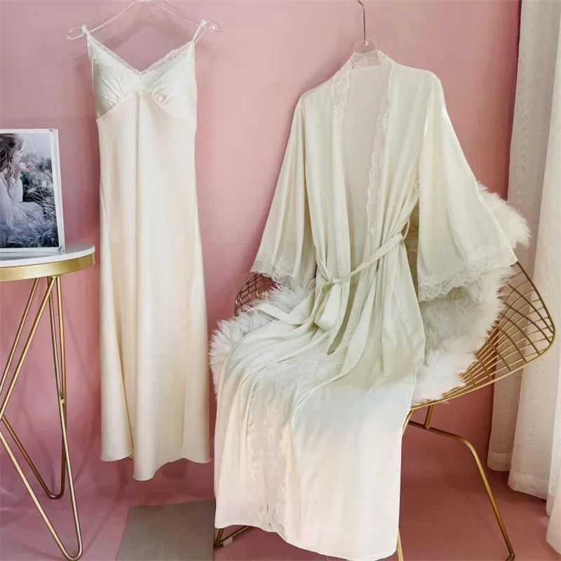 Women's Satin Lace Trim Robe & Nightgown Set – Silky Sleepwear, Sizes M–XL