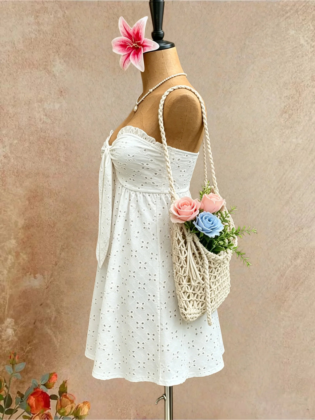 Women Strapless Ruffle Bust Front Tie Cutout Eyelet Embroidery A Line Mini Dress Solid White Summer Beach Flowy Short Dress