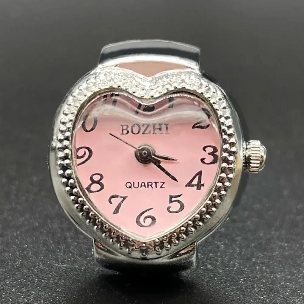 Finger Ring Watch For Couples Vintage Punk Heart Shape Quartz Clock With Adjustable Elastic Strap
