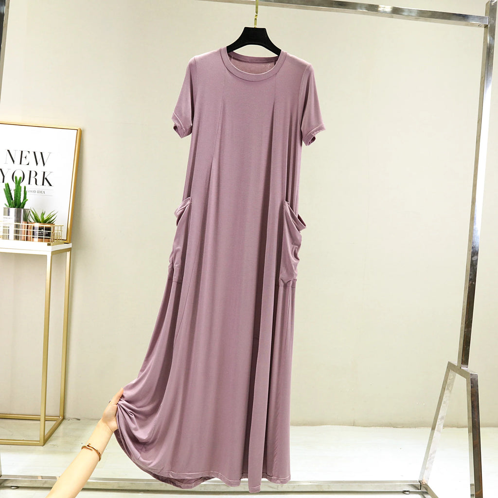 Casual Modal Sleep Dress Women Summer Large Size round Neck over Knee Long Dress Loose Slimming Short Sleeve Dress