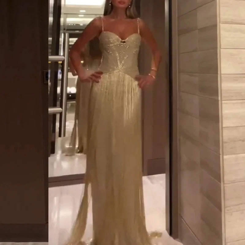 Fashion Backless Slim Fit Evening Gown Shiny Sequined High Waist Women Long Dress Sexy Wrap Chest Sleeveless Hollow Tassel Dress