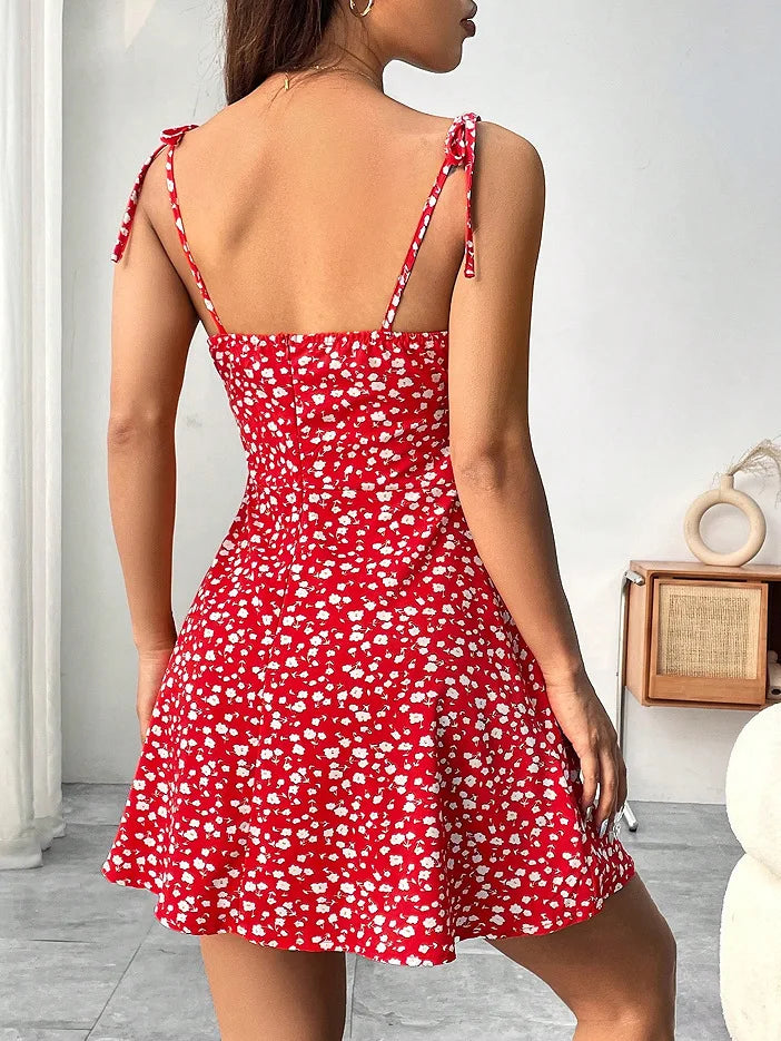 Women Sleeveless Cami Dress Floral Printed Tie Strap Square Neck Ruched Flowy Short Dress for Beach Vacation