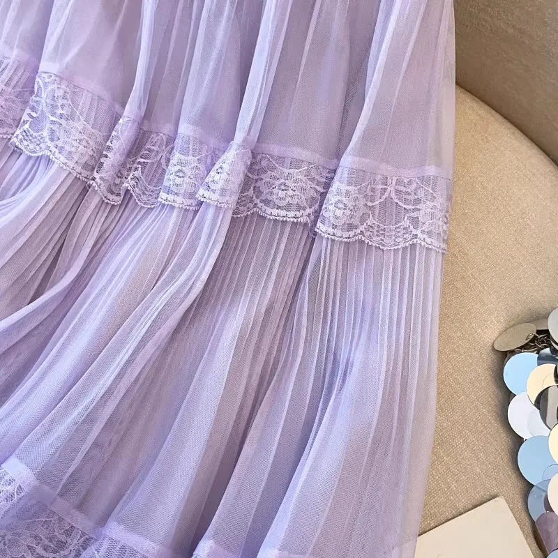 Retro Sweet White Long Skirt Women Casual Loose High Waist Elegant Skirt Vintage Lace Patchwork Korean Summer Long Skirts