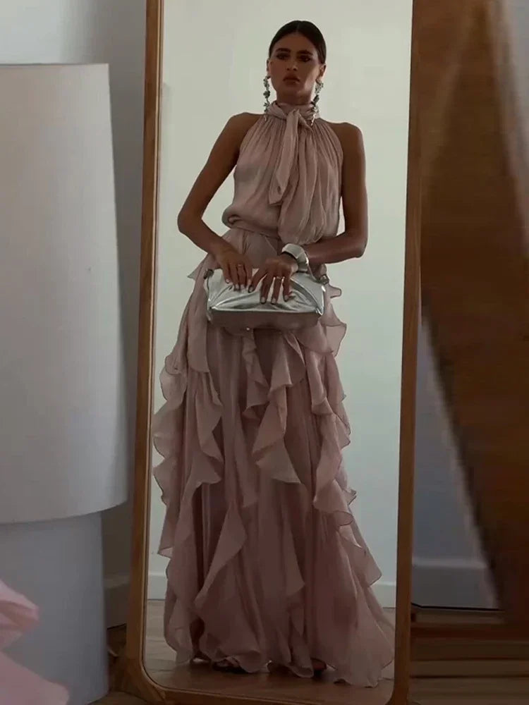 Summer Cascading Ruffles Long Dress Women Sleeveless Lace Up Pleated Female A-line Dresses 2026 Fashion Lady Holiday Robes New