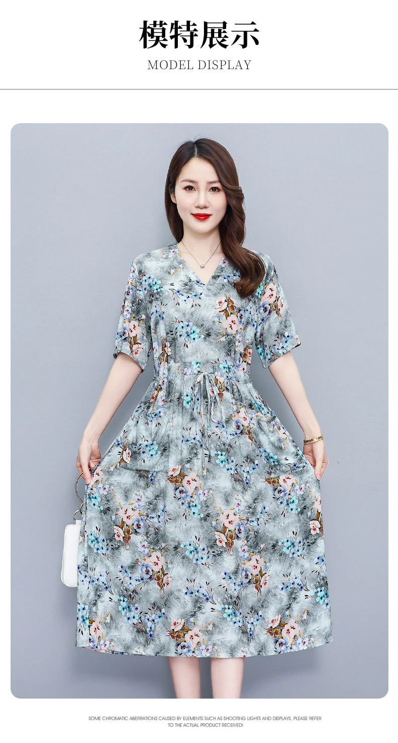 New Fashion 2025 Summer dresses For Women V-Neck Plus Size Woman Cothing Loose Short Sleeve Women Print Dresses