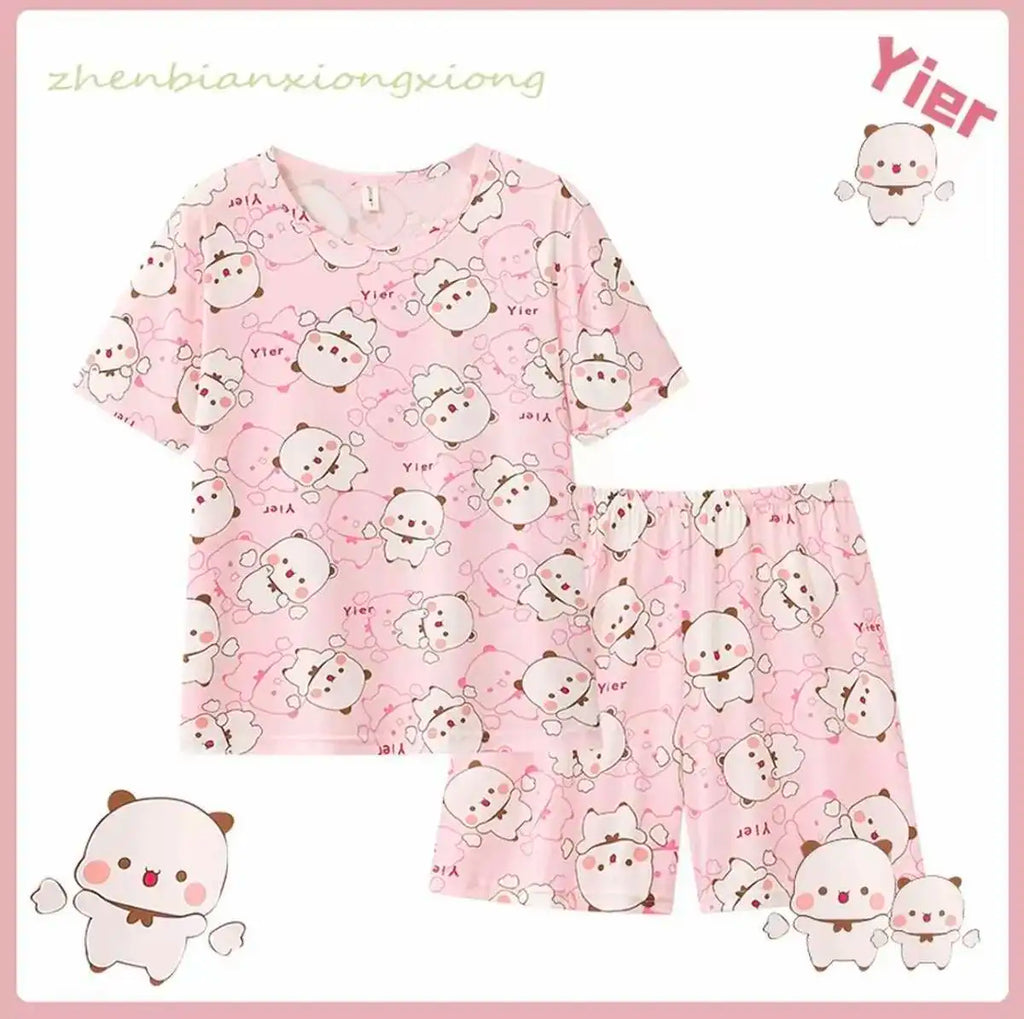 Panda Bubu and Dudu Cartoon Pajamas Set - Summer Short Sleeve Loose