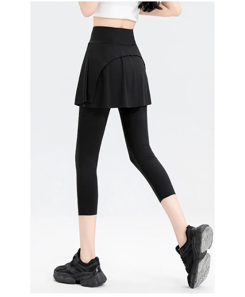 Aiithuug with Pocket Women Tennis Skirted Leggings Capris Yoga Leggings with Skirts Tennis Pickleball Clothing Cropped Leggings