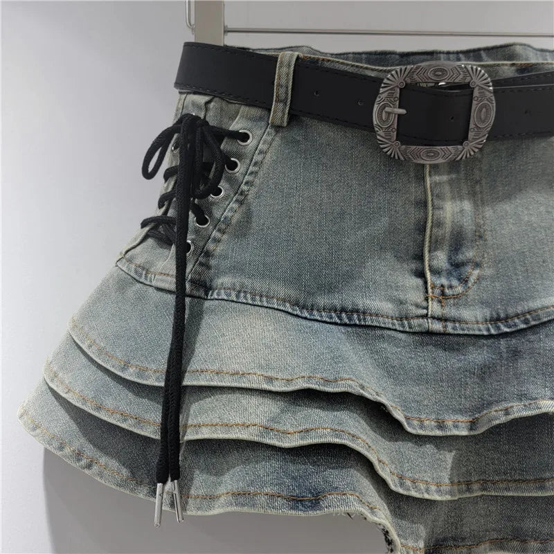 Women's Summer American Retro Style Y2K Short Denim Skirt Self-Tie Bow Sash High Rise Flattering A-Line Tier Cake Mini Skirts