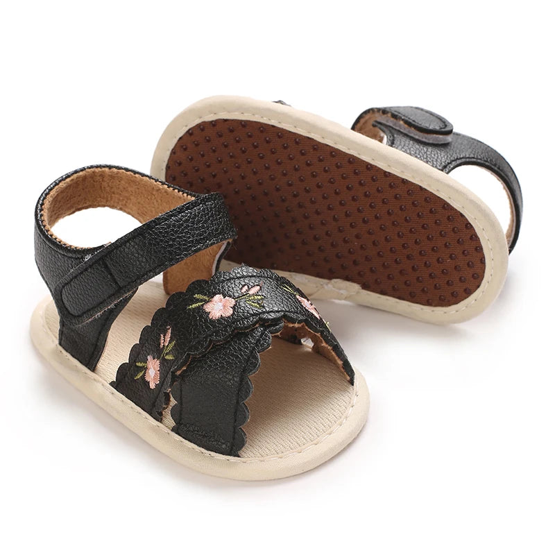 Baby Girls Bow Floral First Walker Sandals - Breathable PU Leather